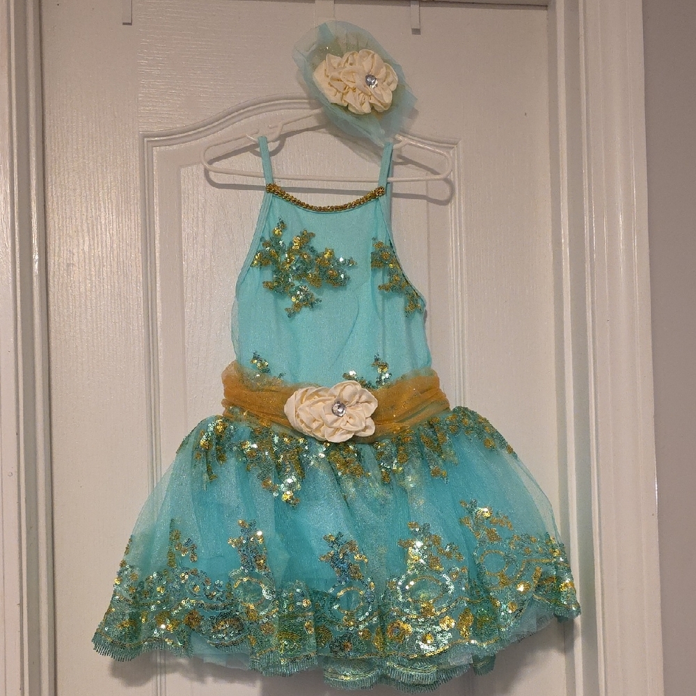 Charming Turquoise and Gold Kids Dance Costume